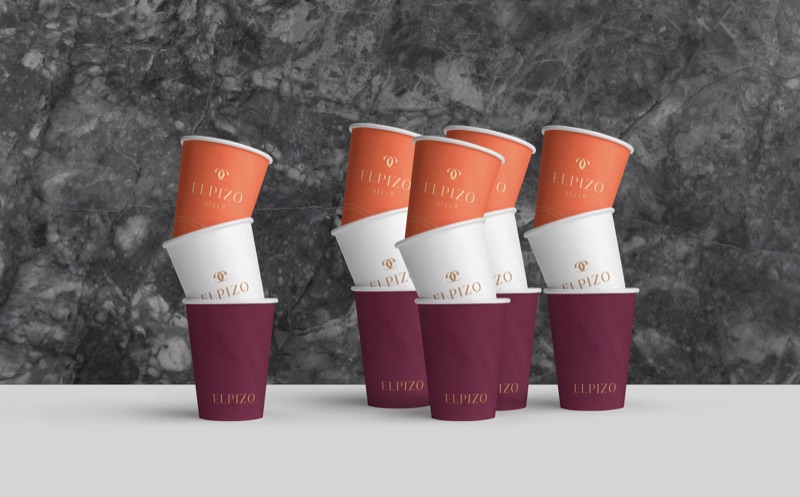 Elpizo branded cups in orange, white, and burgundy