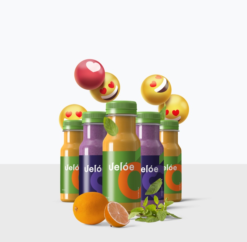 Jelóe juice packaging with colourful bottles and floating emoji graphics